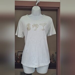 White Quacker Factory Tee-shirt Gold Pineapple Palm Tree Drink Glass MEDIUM